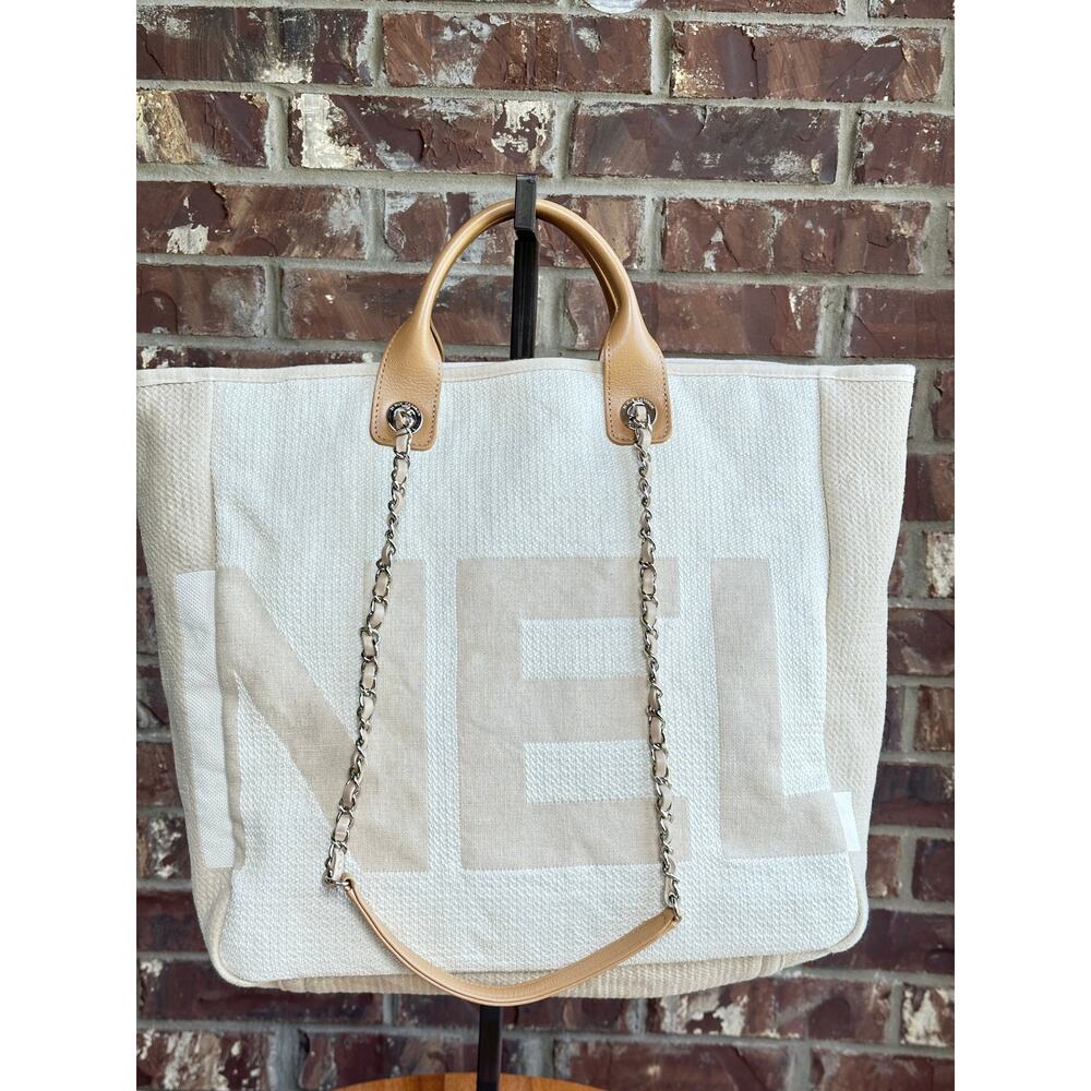 Chanel Deauville Logo Shopping Tote Printed Raffia Large Cream 96524